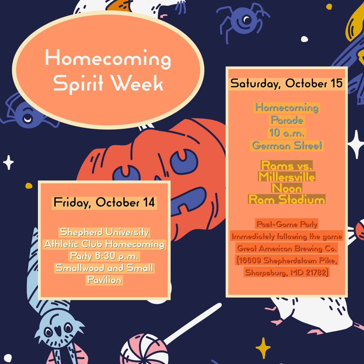 ShepComm's tweet photo. Happy Homecoming Week! Check out these events happening this Homecoming Weekend! Which events are YOU excited for? #ShepComm #ShepherdU #spiritweek #homecoming https://t.co/rW14F8yD37