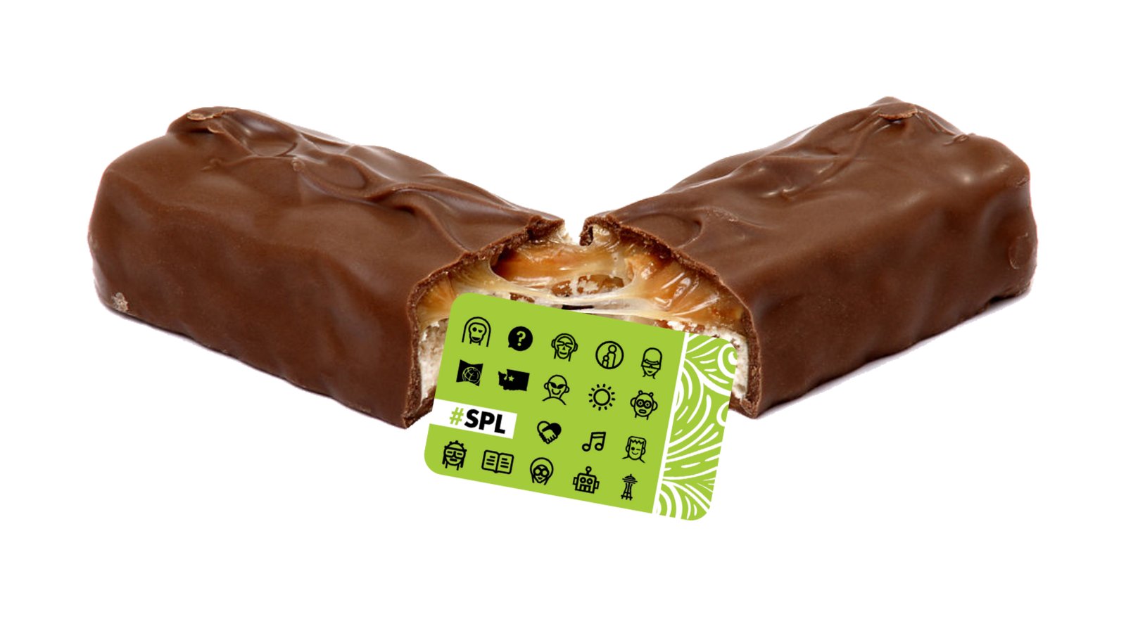 An image of a Seattle Public Library card superimposed over an open Snickers bar.