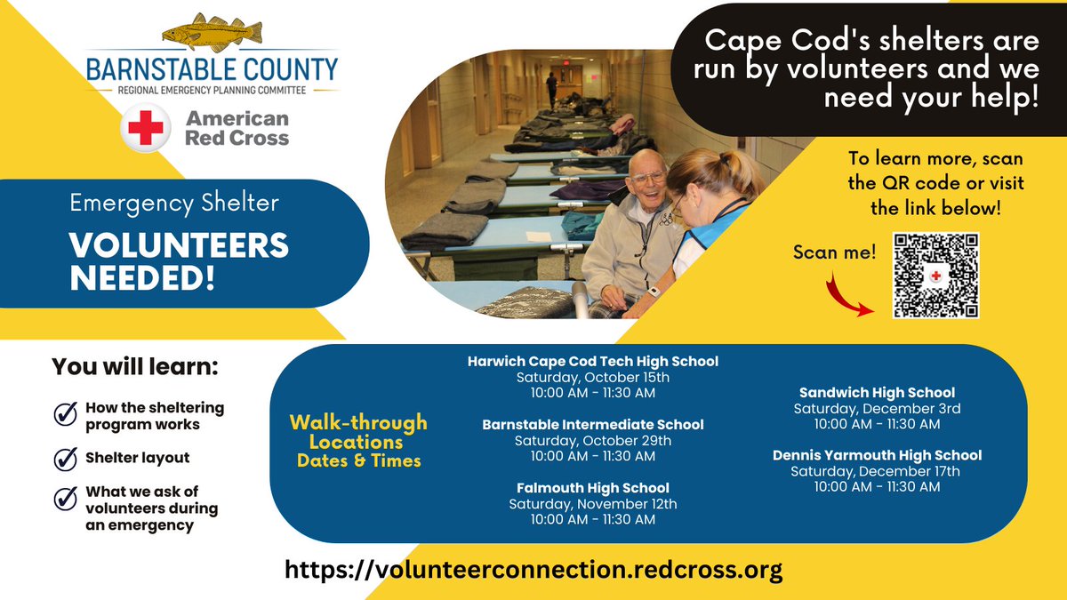 bcrepc's tweet photo. 🚨 *URGENT*! @RedCrossMA SEEKS VOLUNTEERS TO STAFF EMERGENCY SHELTERS ON CAPE COD! 🚨 With as little as 4 hrs of training, you can make a difference to someone in need, right here on Cape Cod. Visit: https://t.co/b8bgkKcoKh #ShelterCapeCod #BCREPC #volunteer https://t.co/UDySX2dm3z