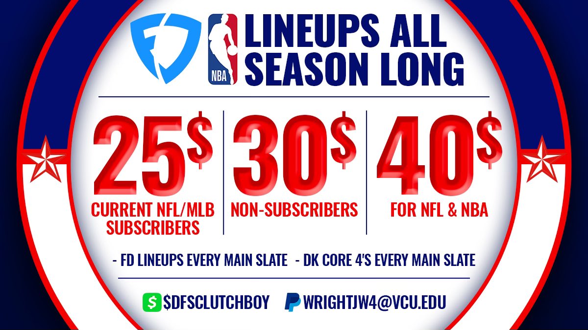 DFSClutchBoy's tweet image. Here it is, the cheapest #NBA season long DFS package on the internet

🚨 For every 50 RT's I will give away one free package 🚨

- Only $25 for current subscribers through the NBA championship
- $30 for non current subscribers
- Get BOTH NFL + NBA for $40 (best value)

🫡🫡