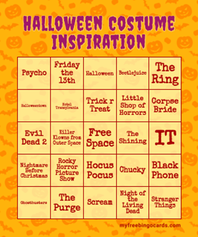 ShepComm's tweet photo. 👻Check out these spooky movies and shows for Halloween costume contest ideas. After watching, fill out the bingo card. First one to send us their BINGO, wins! 🎃 #shepcommcontest #halloween #costumes #bingo https://t.co/JdD49bDcjW