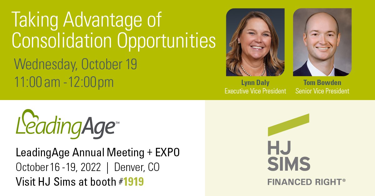 Join HJ Sims, <a href="/LifeSpireLiving/">LifeSpire Virginia</a> and <a href="/UCHomes/">United Church Homes</a> for a thought-provoking session at #LeadingAge22 that will explore how two very different organizations positioned themselves to take advantage of consolidation opportunities. Learn more: lnkd.in/e6x9x4mY