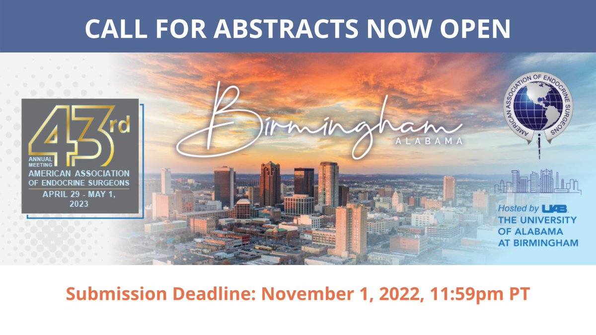 American Association of Endocrine Surgeons (@theaaes) on Twitter photo π¨Don't Forgetπ¨
We are accepting abstracts for the 43rd Annual AAES Meeting!
Learn more here: endocrinesurgery.org/2023-annual-meβ¦
<a href="/TheAACE/">AACE</a> <a href="/TheEndoSociety/">Endocrine Society</a> <a href="/PheoPara/">Pheo Para Alliance</a> <a href="/ThyCaInc/">ThyCa Inc.</a> <a href="/ParaTroupers1/">ParaTroupers</a> <a href="/AmThyroidAssn/">American Thyroid Association</a> <a href="/NANETS1/">NANETS</a> @LACNETS <a href="/GDATF/">Graves' Disease & Thyroid Foundation</a> π¨Don't Forgetπ¨
We are accepting abstracts for the 43rd Annual AAES Meeting!
Learn more here: endocrinesurgery.org/2023-annual-meβ¦
<a href="/TheAACE/">AACE</a> <a href="/TheEndoSociety/">Endocrine Society</a> <a href="/PheoPara/">Pheo Para Alliance</a> <a href="/ThyCaInc/">ThyCa Inc.</a> <a href="/ParaTroupers1/">ParaTroupers</a> <a href="/AmThyroidAssn/">American Thyroid Association</a> <a href="/NANETS1/">NANETS</a> @LACNETS <a href="/GDATF/">Graves' Disease & Thyroid Foundation</a>