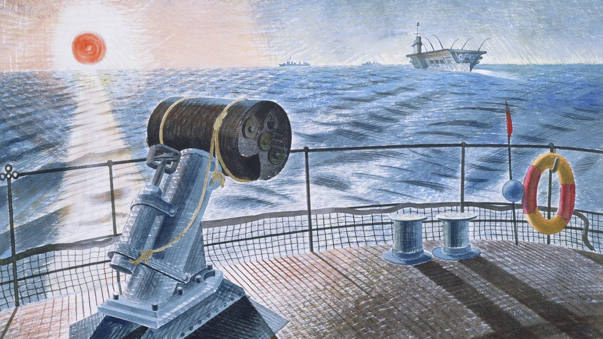 Midnight Sun, Eric Ravilious, 1940. This dates from his time as an honorary Captain in the Royal Marines, when he went to Norway on a destroyer as an Official War Artist. The original artwork is in the collection of @Tate. #WW2