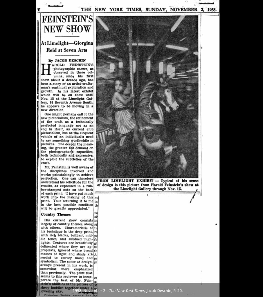 HaroldFeinstein's tweet photo. Girl on Merry-go-round, 1957
New York Times,  November 2, 1958

It's been almost 64 years since this photograph appeared in The New York Times arta section celebrating Harold's show at the legendary Helen Gee's Limelight gallery. https://t.co/sF4fh0TEdT
