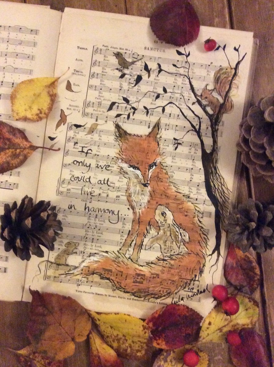 Excited to share this item from my #etsy shop: Music sheet art, old music score, musical quotes, music lovers, ink illustration, art, original art, fox, rabbit, squirrel, animals, cute, etsy.me/3RRO1m3