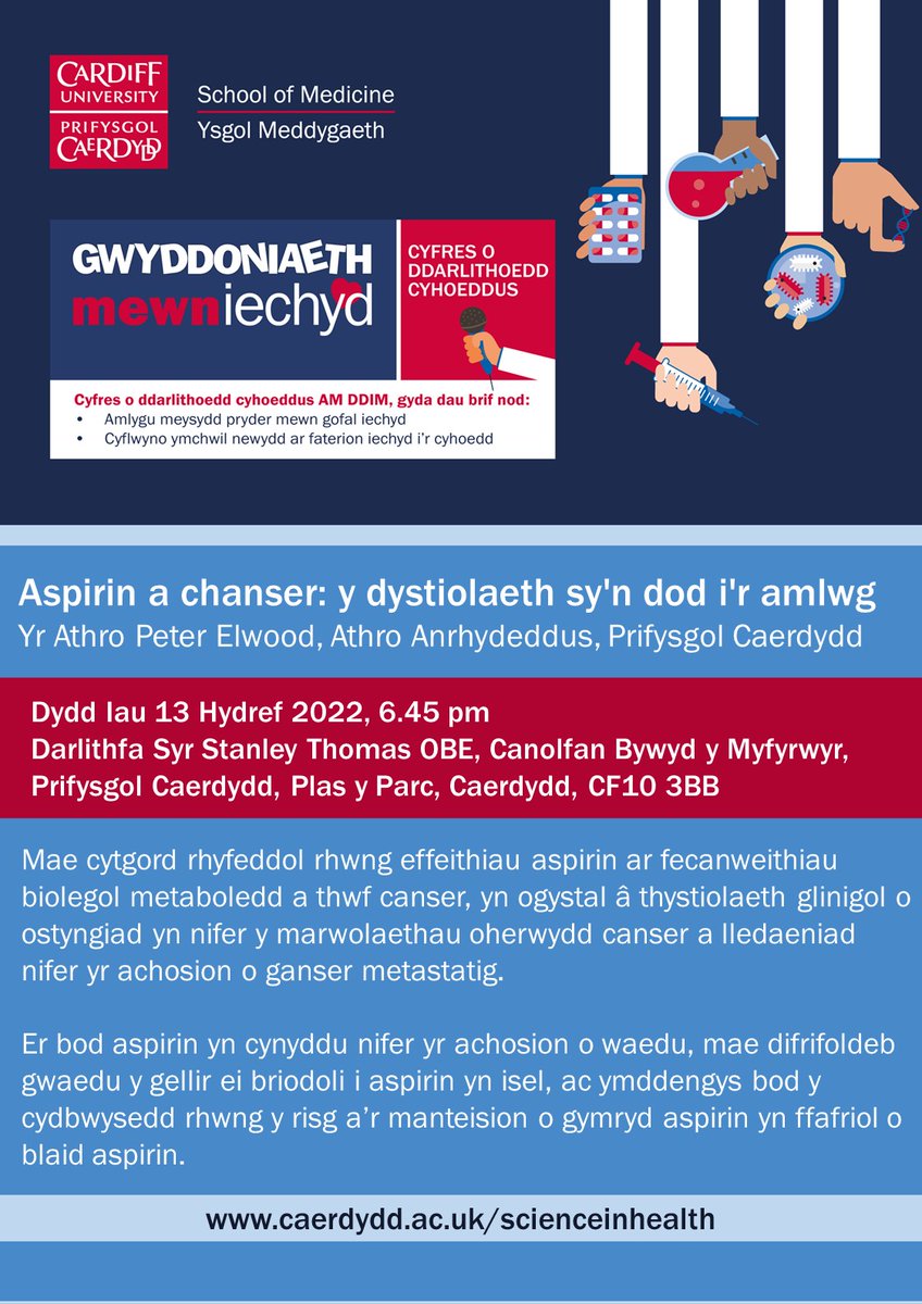 REMINDER: 2022-23 Science in Health FREE Public Lecture series kicks off Thurs 13 Oct. We're excited to welcome Prof Peter Elwood to deliver his lecture - Aspirin and cancer: the emerging evidence. 6.45pm start.
ow.ly/ICSA50L30W0 <a href="/cardiffuni/">Cardiff University</a> <a href="/theWCRC/">Wales Cancer Research Centre</a> <a href="/CR_UK/">Cancer Research UK</a> <a href="/PRIMECentre/">PRIME Centre Wales</a>