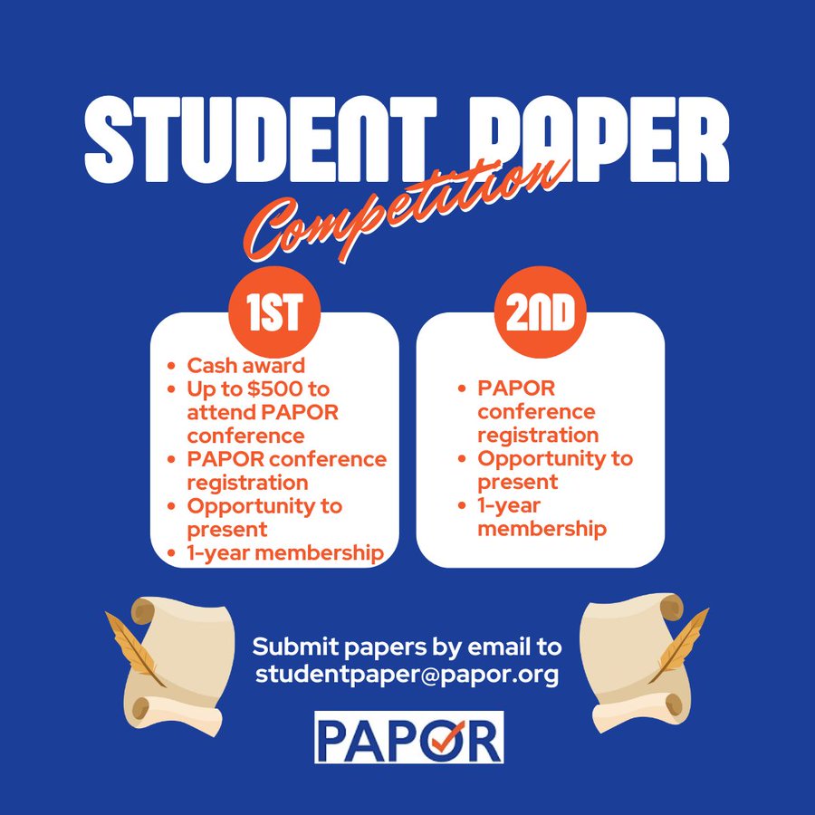 PAPORorg's tweet photo. Submissions for the 2022 Annual PAPOR Student Paper Competition are due Friday!

Students submit papers by email to studentpaper@papor.org by midnight (PDT) on October 14, 2022 https://t.co/2yXV9zR4Uu