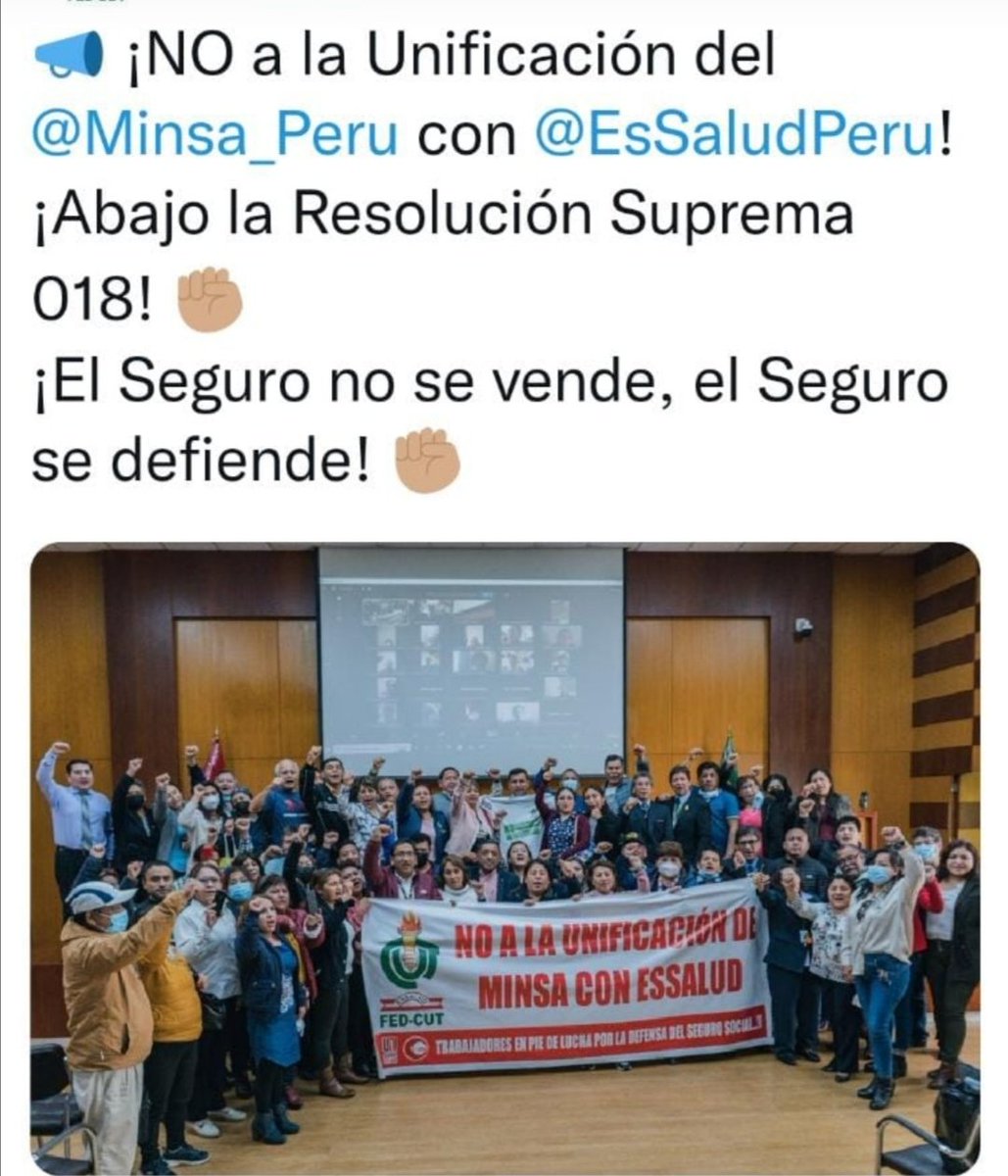 CarlosGuzmanZ1's tweet photo. Secretarios Generales de la FED CUT expresan un contundente rechazo a la pretendida unificacion del MINSA Y ESSALUD. La FED CUT, el Sindicato Base CUT ALMENARA conjuntamente con las bases a nivel nacional estamos en pie de lucha. Atte. Carlos Guzmán Zúñiga Secretario General https://t.co/VE9amiLXVL