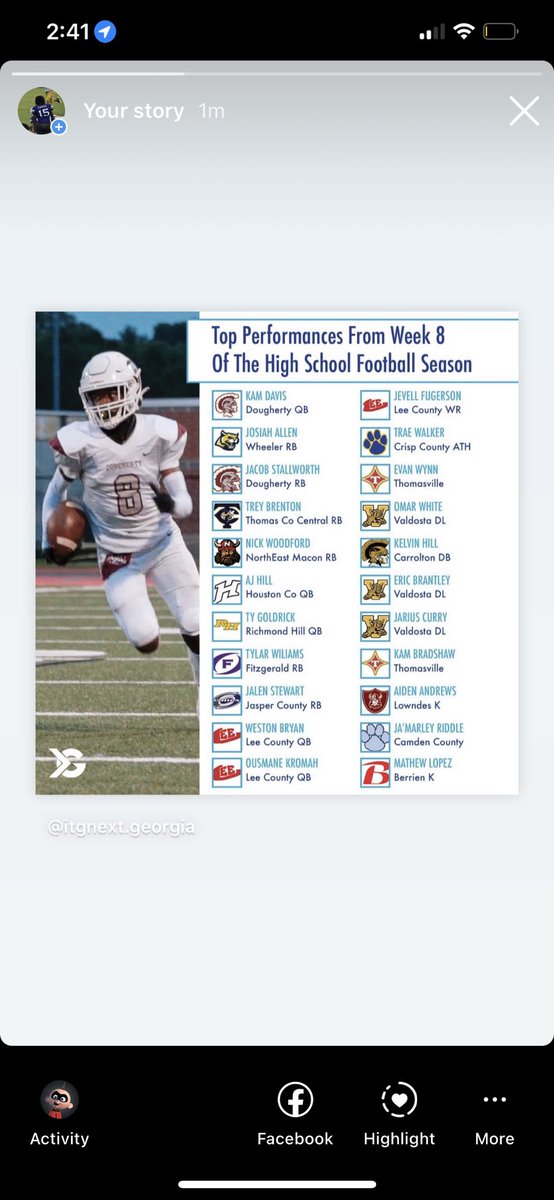 I want to say thank you to <a href="/itgnext_georgia/">ITG Next - Georgia</a> for noticing my week 8 performance! I ran 19 times for 180 yards and a touchdown in our 41-14 win Friday night! <a href="/RecruitGeorgia/">Recruit Georgia</a> @SlideoutzCoach <a href="/coach__hen/">Ashley Henderson</a>