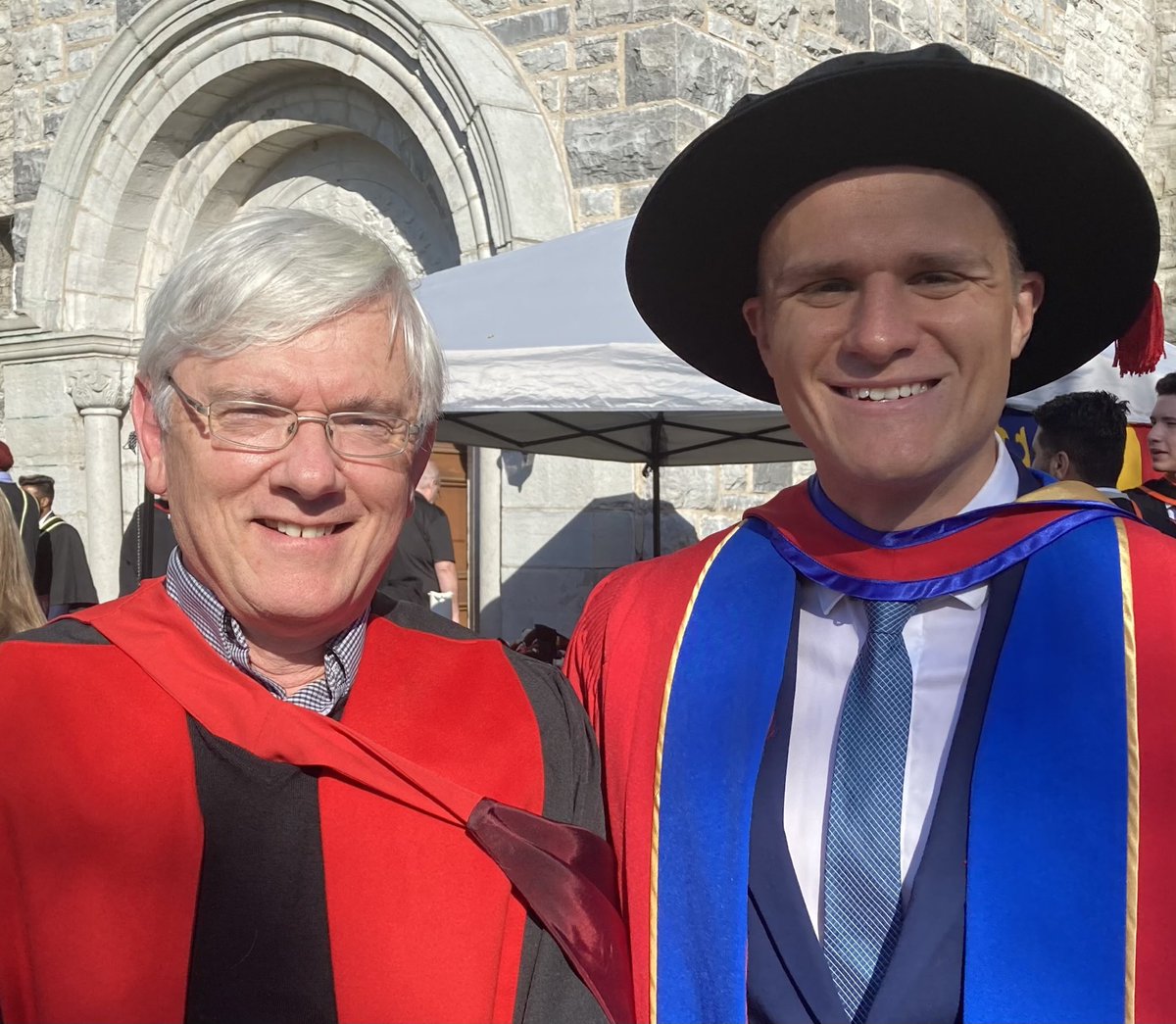 Wonderful celebrating with Rob Cichocki his graduation from ⁦@queens_civil⁩ with his PhD this afternoon. He richly deserves this - with excellent contributions to analysis &amp; testing of polymer liners in corrugated steel pipes. Now if I could learn how to wear my PhD hood:-)