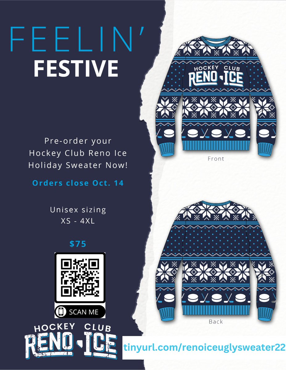 Reno_Ice's tweet photo. Introducing the first ever Reno Ice Ugly Sweater!!!  
Get yours ASAP, as ordering closes this Friday, October 14th.  This should get them here early December, or (fingers crossed) by Thanksgiving (USA).  
Use the link https://t.co/2Fu33GLWK4 and your account--TODAY! https://t.co/fcImATm8JH
