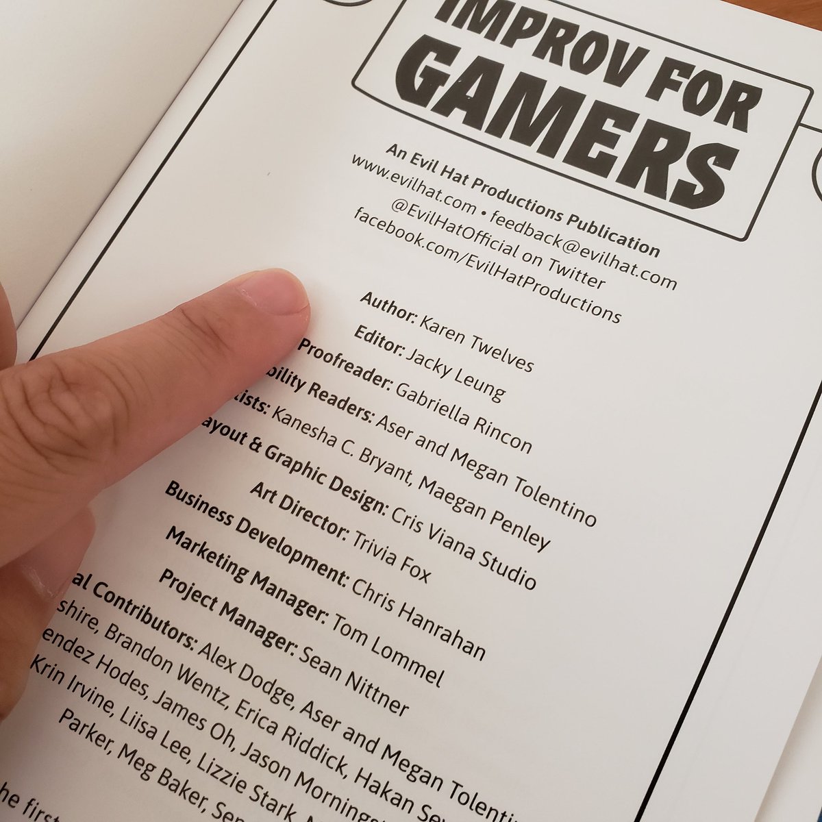 Ahhhh! My copy of Improv for Gamers arrived! I was the editor! There's my name! The team was absolutely awesome to work with! 

Thank you so much <a href="/EvilHatOfficial/">Evil Hat Productions</a> &amp; <a href="/ktwelves/">Karen Twelves</a>! It's so gorgeous in person!