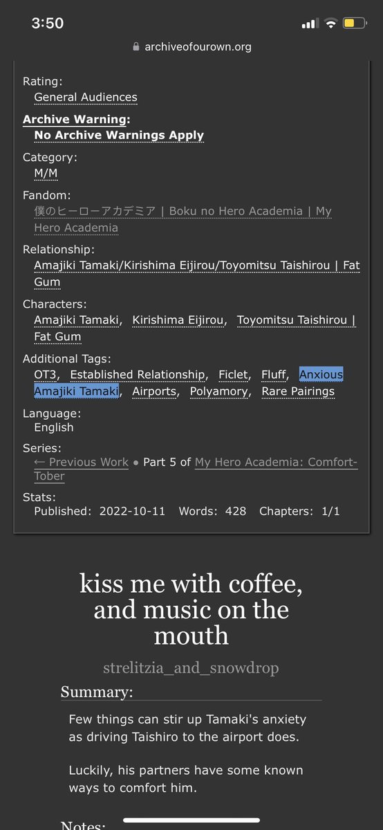 Managed to complete some OT3 for <a href="/BNHAProShipSoft/">**archived** BNHA Comfort-Tober! 🐇🎃</a> 💗

Please have some Kiri introspection as he and Taishiro help him deal with some anxiety ❤️💜💛

prompts were airport | playlist | you’re the coffee I need in the morning 

archiveofourown.org/works/42316068