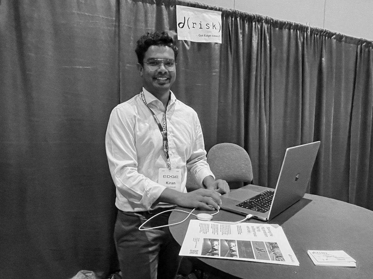 ChessStetson's tweet image. My man Kiran Jesudasan in a classic early-days Silicon Valley mode, complete with black-and-white photo and satin curtain, showing off the @dRISK_ai  technology to other early adopters in #edgecompute and #edgecases (two surprisingly closely linked topics)