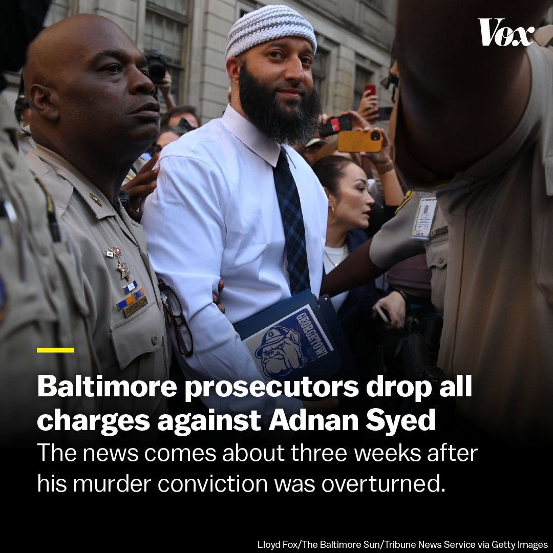 Baltimore prosecutors on Tuesday dropped charges against Adnan Syed in the 1999 murder of Hae Min Lee after DNA evidence supported his innocence.

His case gained national attention in 2014 from the podcast "Serial."