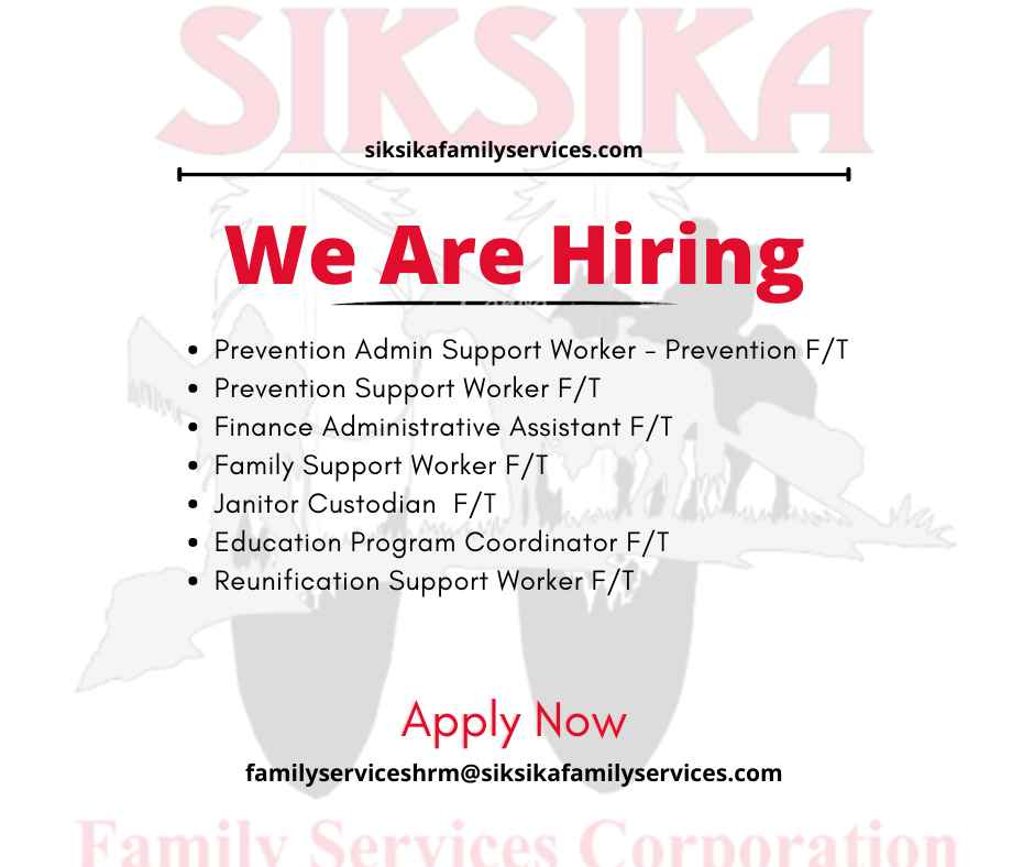 SiksikaFamily's tweet photo. ** Now Hiring**
Siksika Family Services Corporation is currently recruiting talented and experienced individuals in the following areas. #siksikafamilyservices #yycjobs #yychiring https://t.co/SISPNgzakj