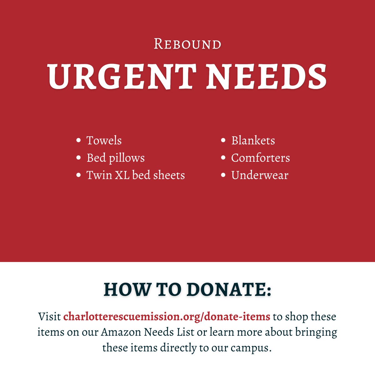 🚨 Dove's Nest and Rebound (swipe left) have new urgent needs! 🚨

Please visit charlotterescuemission.org/donate-items to shop our Amazon Needs Lists or learn more about bringing these items directly to our campuses.