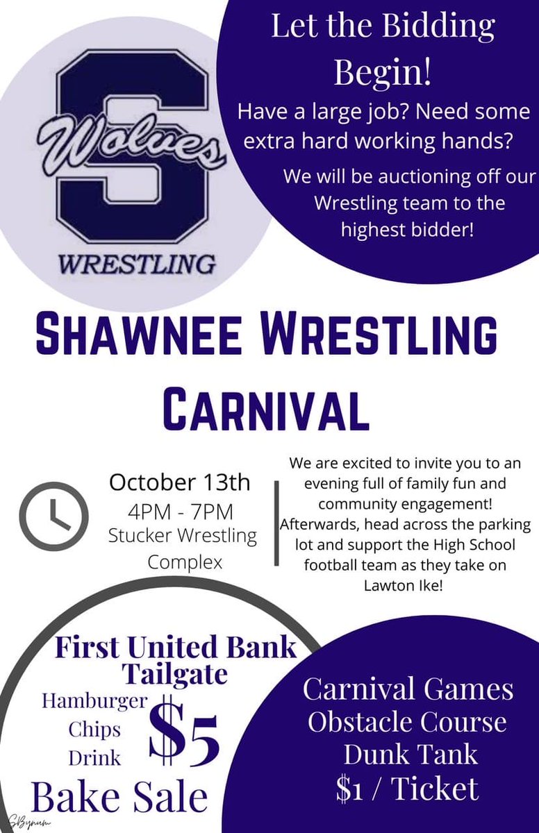 ShawneePublic's tweet photo. The Annual Shawnee Wrestling Carnival is this Thursday, October 13th at 4 p.m. Please join us at the Stucker Wrestling Complex as we support the Shawnee Wrestlers! After the carnival, join us at Jim Thorpe Stadium for the 2022 Homecoming Game. #ShawneeSTRONG #ShawneeAthletics https://t.co/bl1NM9hYsW