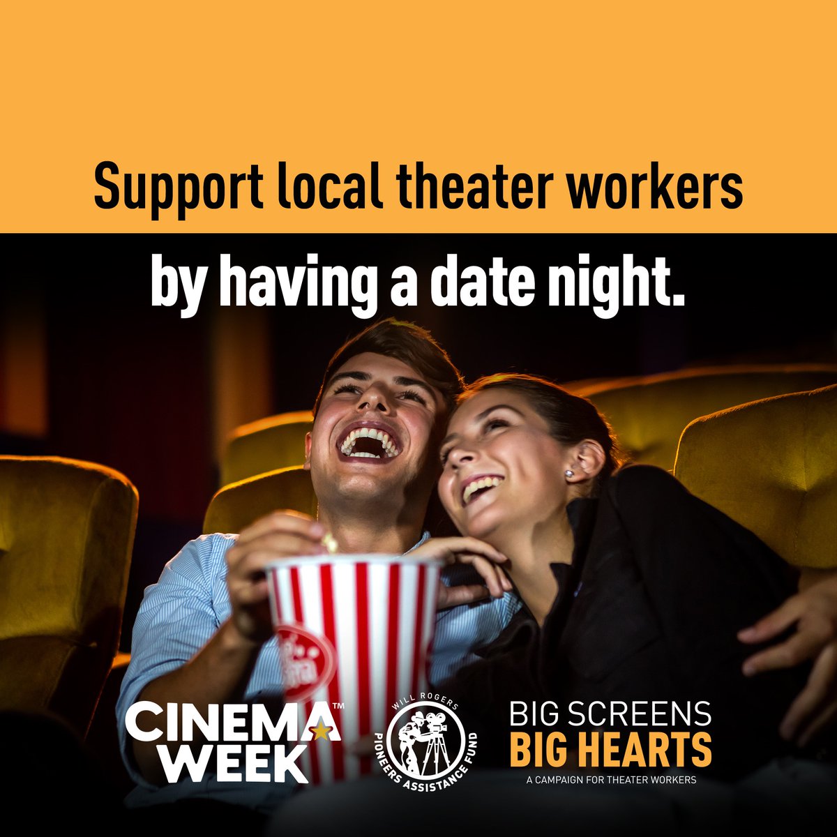 Big Screens. Big Hearts. 💛 Make it a date night to support theater workers! A portion of purchases from cinemaweekmerch.com benefits <a href="/wrpioneers/">Will Rogers Motion Picture Pioneers Foundation</a> which helps theater works including those recently impacted by #HurricaneIan.