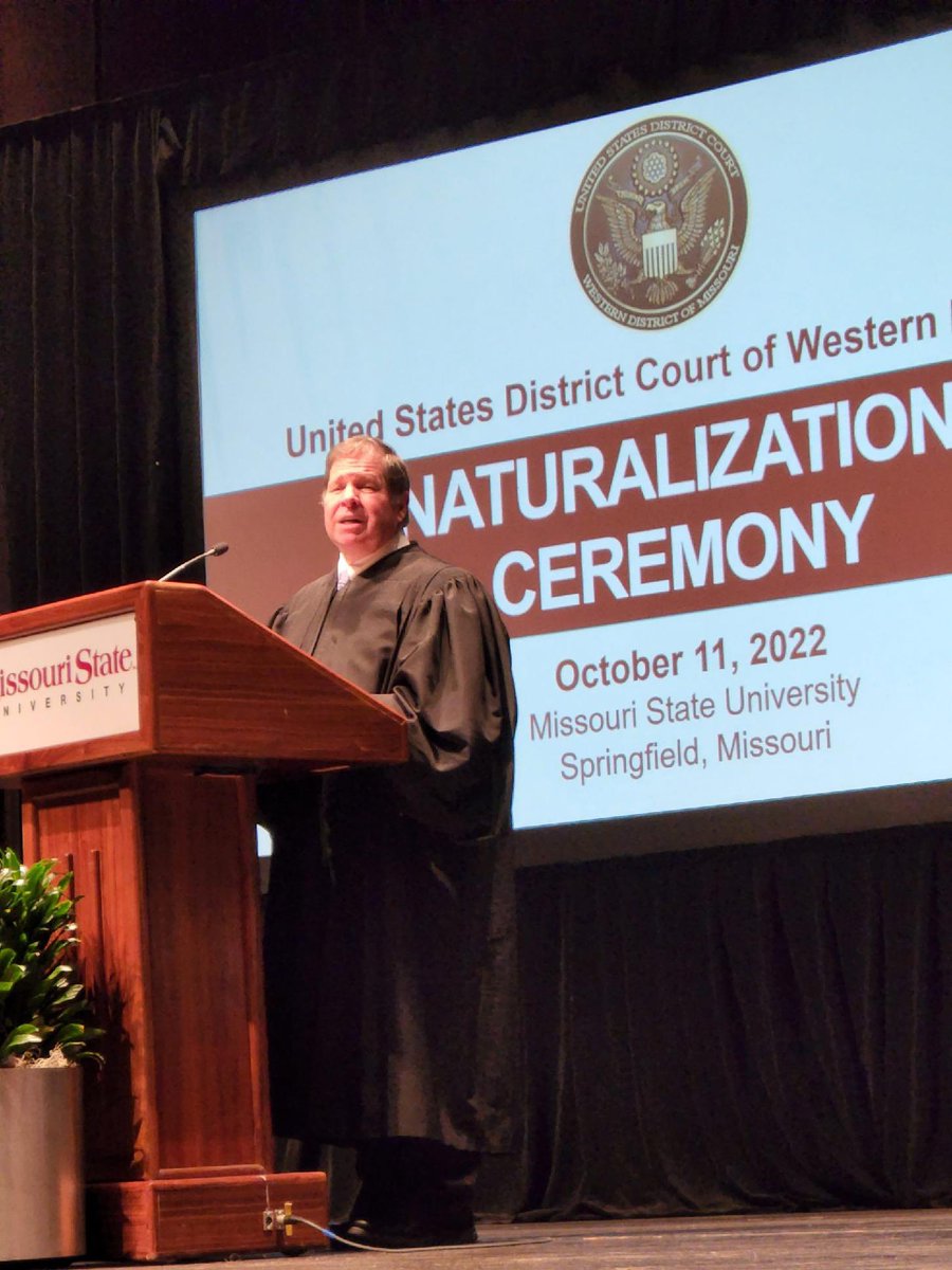 WDMO_DCBK's tweet photo. U.S. District Judge M. Douglas Harpool welcomed 149 new citizens in a Naturalization Ceremony at @MissouriState today. https://t.co/x3ArvVBv9O