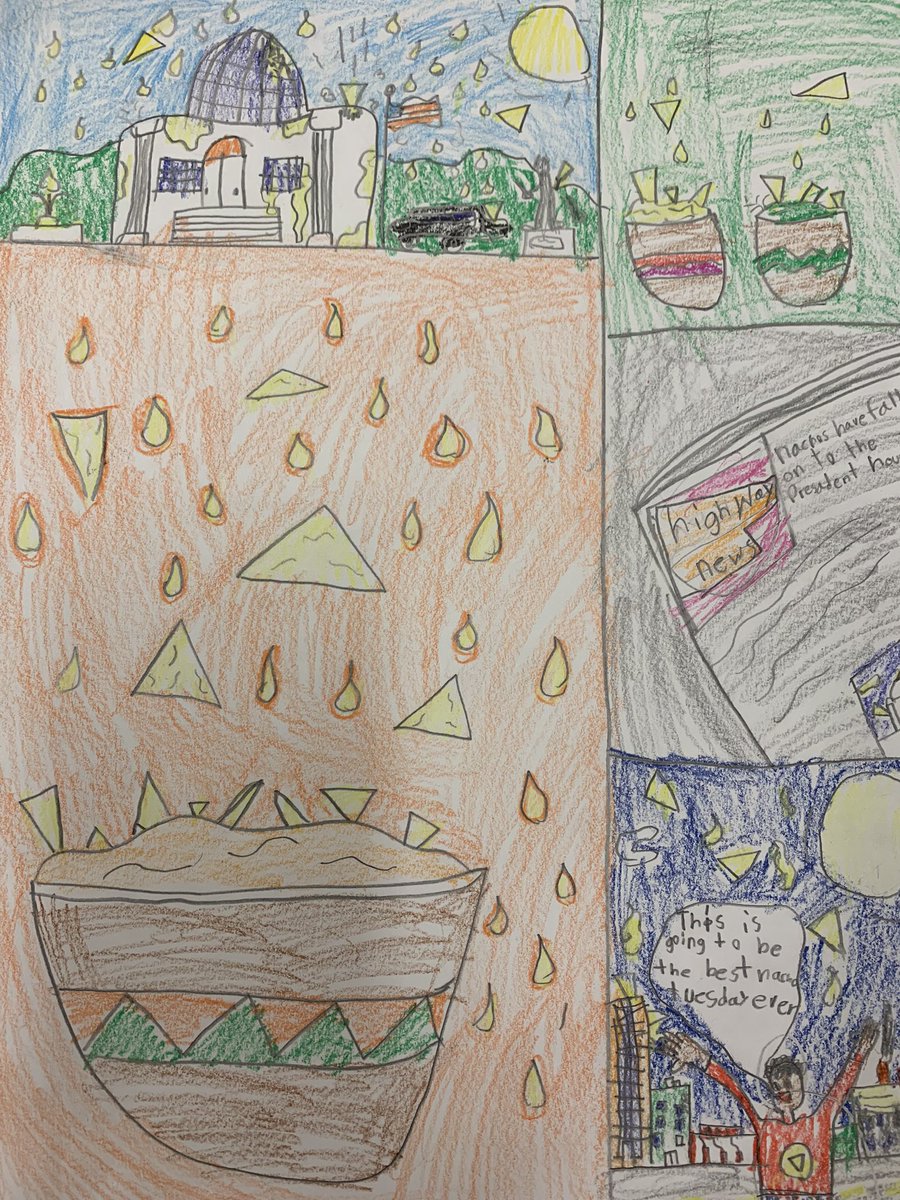 aew105's tweet photo. Students had a blast creating their own version of “ Cloudy with a chance with Meatballs”. They looked at main subject, setting, and opinion for their project.#cobbartrocks  #ArgyleArt @ArgyleElem @ggette22 https://t.co/Xoq1nNCSms