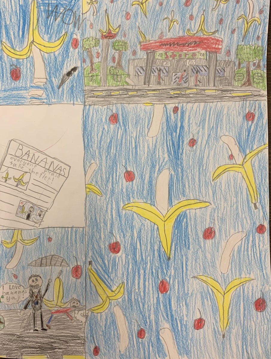 aew105's tweet photo. Students had a blast creating their own version of “ Cloudy with a chance with Meatballs”. They looked at main subject, setting, and opinion for their project.#cobbartrocks  #ArgyleArt @ArgyleElem @ggette22 https://t.co/Xoq1nNCSms