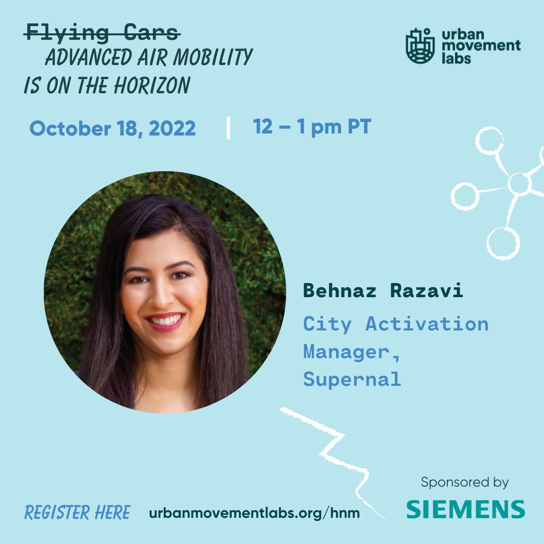 🌟 Speaker Spotlight 🌟 

<a href="/behnazr/">Behnaz Razavi</a>, City Activation Manager <a href="/Supernal_aero/">Supernal</a>, will be a panelist at our next #HumansOfNewMobility virtual workshop. Behnaz is an expert on identifying and addressing the impacts of #AAM on communities.

Register here: zoom.us/webinar/regist…