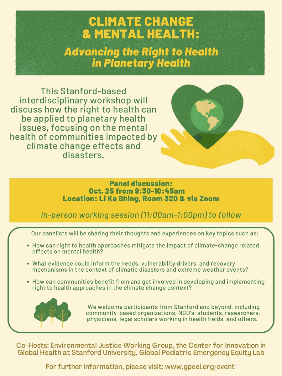 Join us for our upcoming event - "Tackling #ClimateChange Impacts on #MentalHealth: Advancing the 'Right to Health' in #Planetary #Health!" 10/25 from 9:30am-1pm. Co-hosted w/ <a href="/StanfordCIGH/">Stanford Center for Innovation in Global Health</a>. More info &amp; RSVP: gpeel.org/event