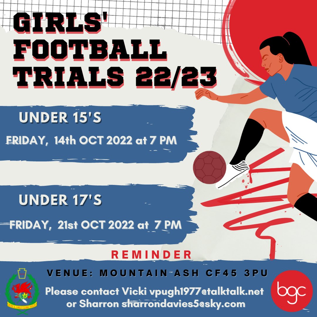 👉🛎️REMINDER🛎️👈
Football Trials <a href="/BGCwalesgirls/">BGC WALES Girls Football Section U17'S & U15'S</a> ⚽
(Please note that both trials are on a Friday)

#womensfootball 
#footballgirl