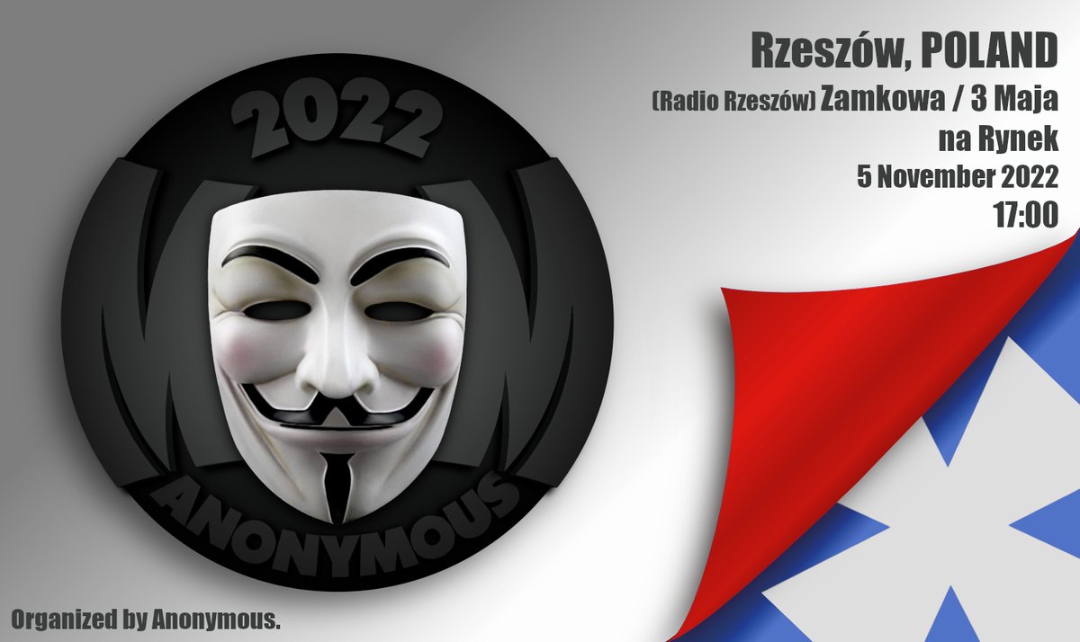 owlerine's tweet photo. #Anonymous ~ #MillionMaskMarch2022
Rzeszów, POLAND
Zamkowa / 3 Maja (Radio Rzeszów) na Rynek
17:00, 5 Nov 2022
https://t.co/TIU8xjlxAQ

https://t.co/2IGQWvpvSl for more locations. https://t.co/aUavkh1Ioz