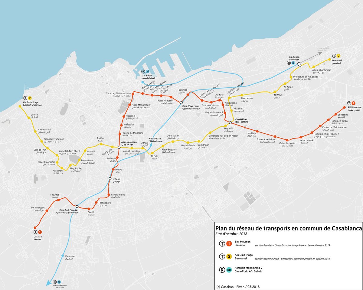 hmxabi's tweet photo. Pendant que Québec se bat pour une seule ligne de tramway, la ville marocaine de Casablanca est déjà en train de construire ses 3eme et 4eme lignes depuis l'ouverture de la première ligne en 2013. 👇En bas, l'état du réseau en 2018 et le réseau prévu en 2022. https://t.co/w1LmY524vC