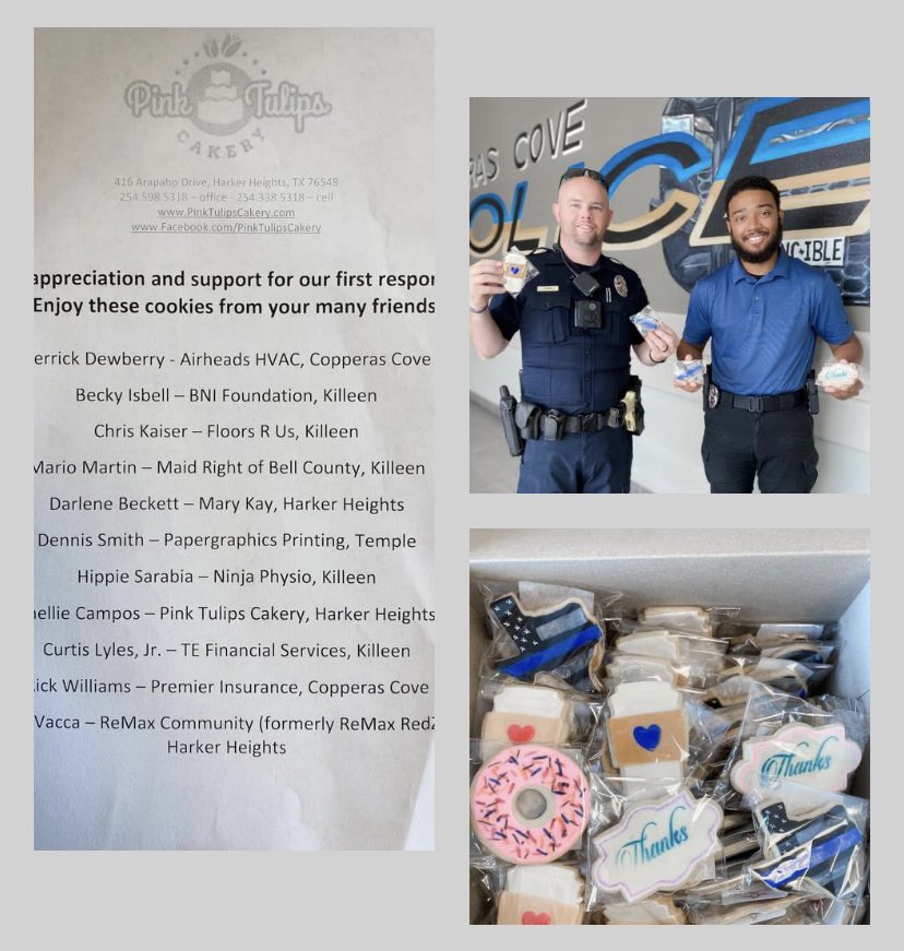 CovePolice's tweet photo. Pink Tulips Cakery must have sensed our sweet tooth today! 😋 Thank you so much to Shellie Campos &amp; friends for the sweet treats! We appreciate you! 💕🍪 https://t.co/JvXQ34YgVZ