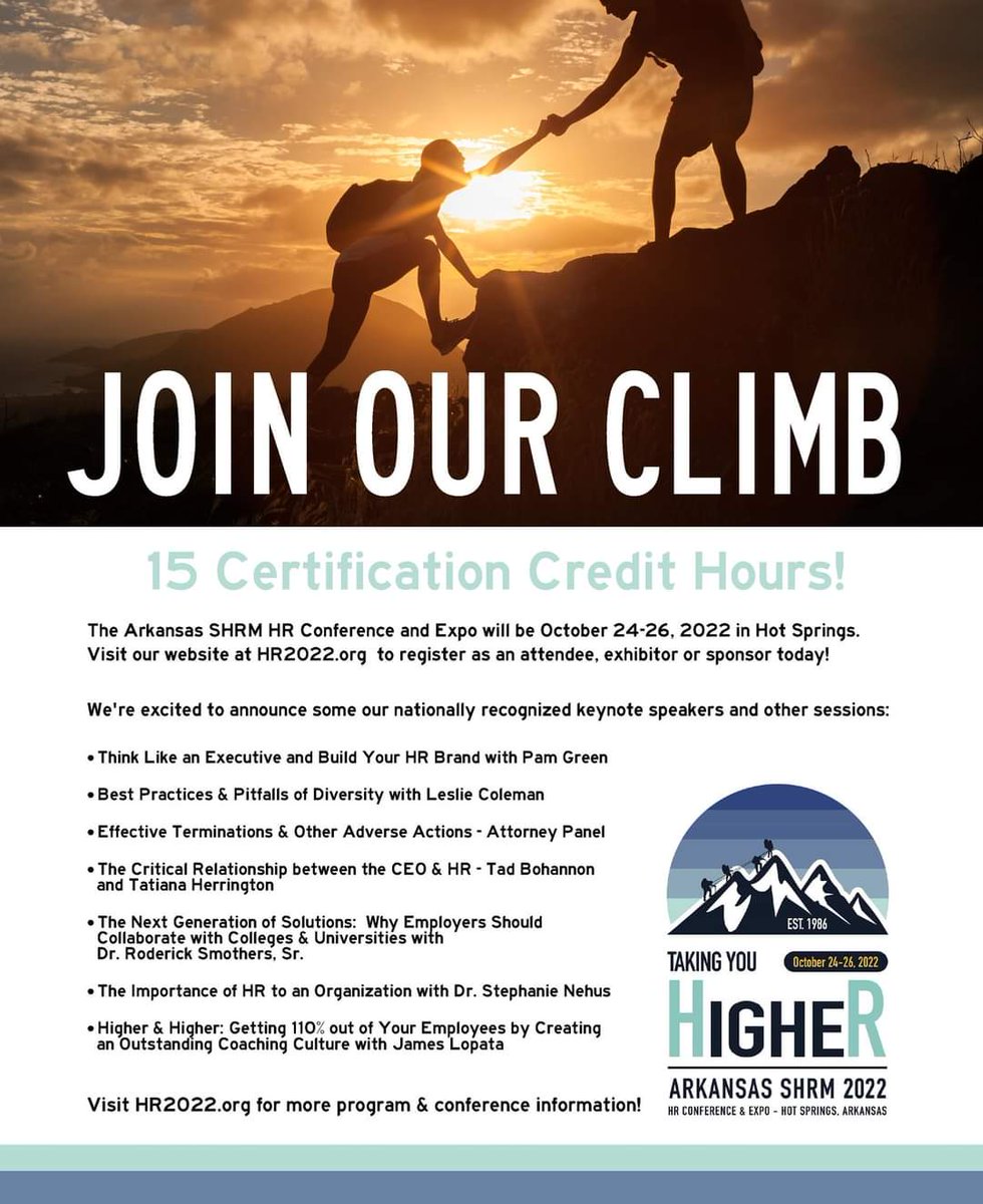 Reach out. Grab our hand. Climb with us!
And take in all of the great speakers and certification credit opportunities along the way.  
It's not too late to register at conference.arshrm.com