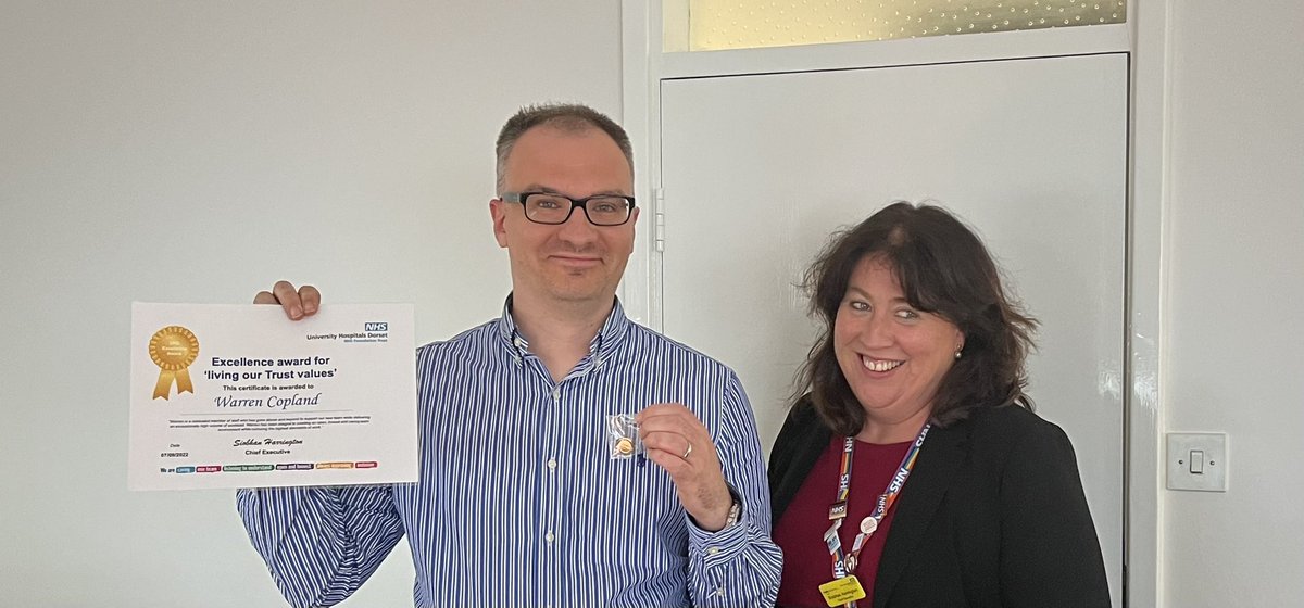 Warren Copland today receiving his staff excellence award <a href="/UHD_NHS/">University Hospitals Dorset NHS Foundation Trust</a> - a key member of the finance team who has gone above &amp; beyond &amp; exemplifies the values of the Trust - thank you Warren - such a great nomination from your team