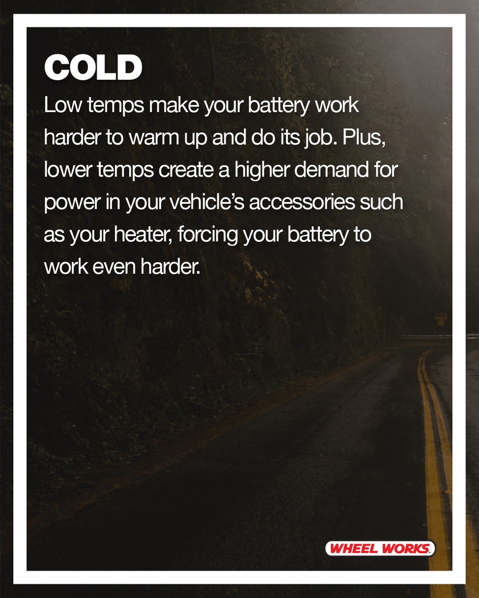 WheelWorks's tweet image. When the temperature changes, your battery may be affected. Stop by your local Wheel Works to make sure your battery is ready to face the climate changes ahead. #WheelWorks #Battery