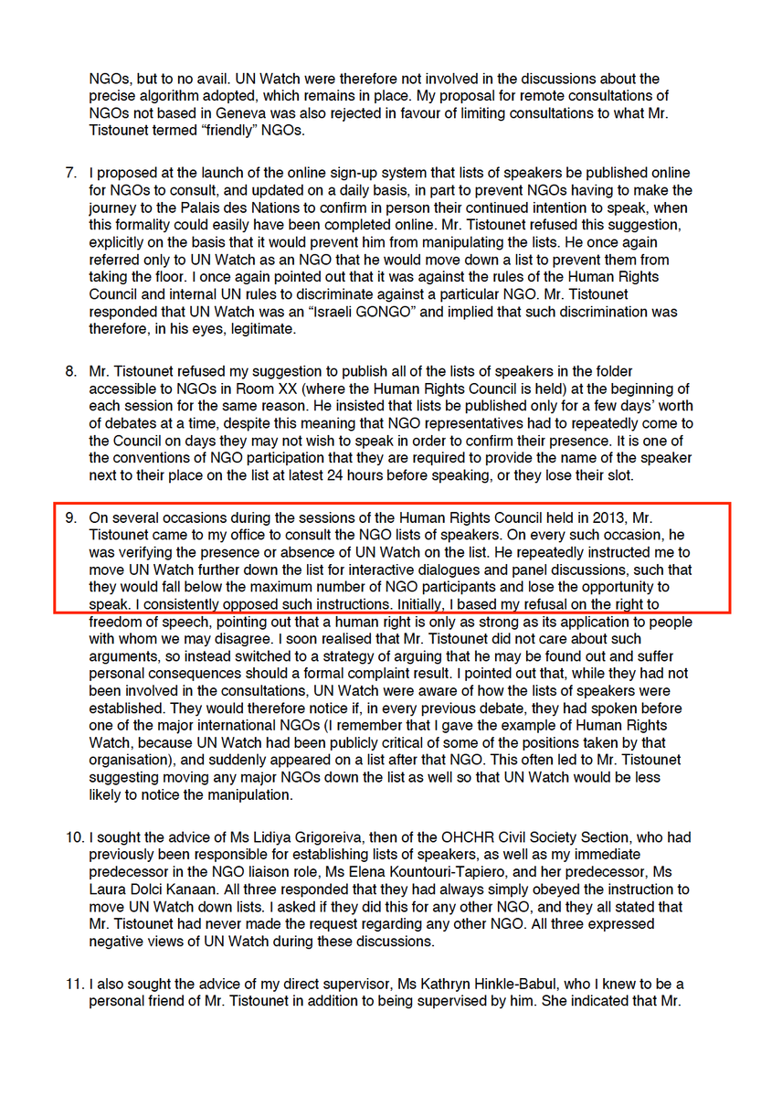Ms. Reilly reveals that Mr. Tistounet “repeatedly instructed me to move UN Watch further down the list for interactive dialogues and panel discussions, such that they would fall below the maximum number of NGO participants and lose the opportunity to speak.” /4
