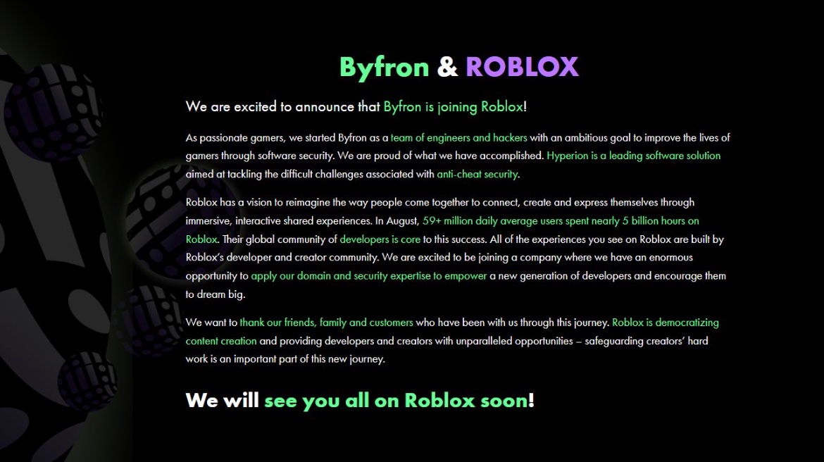 TheRoNews's tweet photo. Roblox has acquired @ByfronTech as their anti-cheat capabilities. @ByfronTech is an anti-cheat system for @FortniteGame, @PlayApex and @PlayVALORANT https://t.co/kdLsPaeG0y