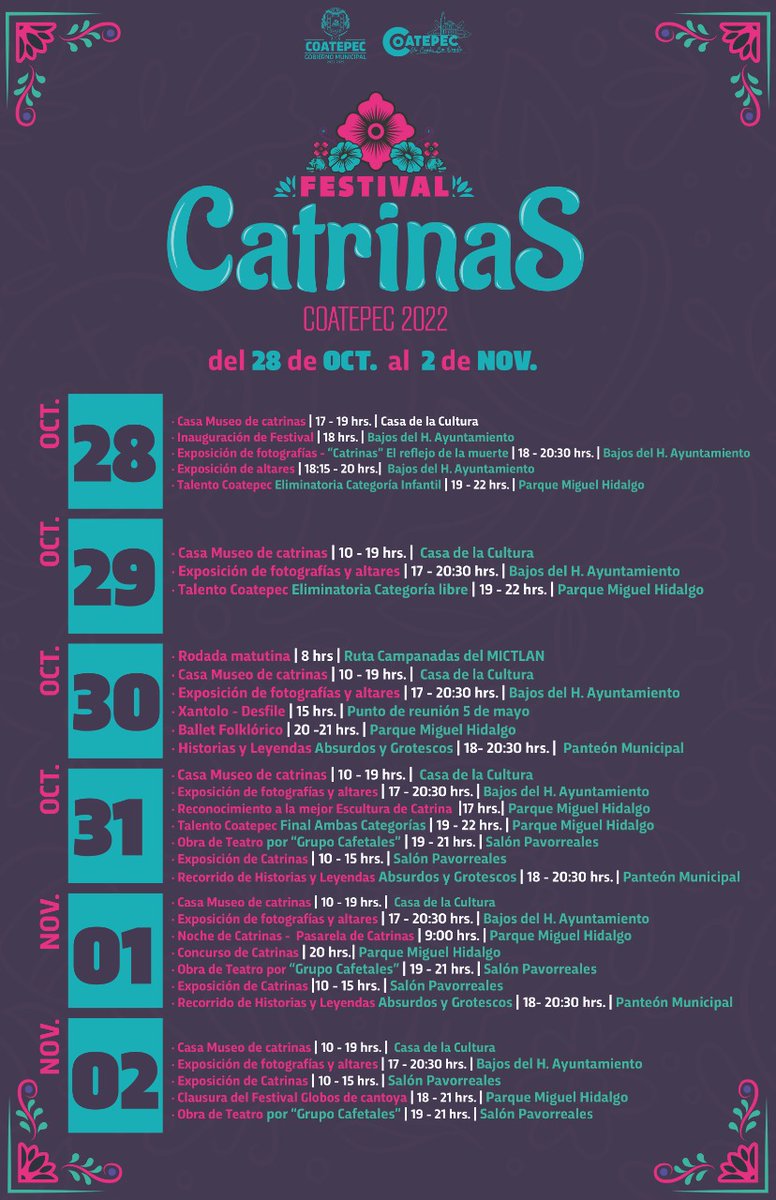 Compartimos la cartelera del Festival Catrinas Coatepec 2022, que se llevará a cabo del 28 de octubre al 2 de noviembre en nuestro bello pueblo mágico. 

#CatrinasCoatepec2022