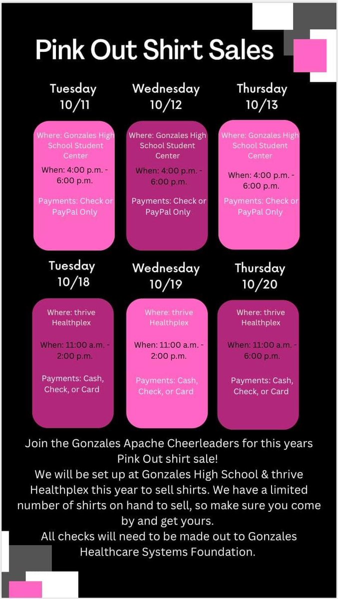 💗Pink out shirt sale starts TODAY, Oct. 11th!💗
💗Where: GHS Student Center
💗When: 4-6pm
💗Checks/ Pay Pal/ Credit Card
💗$25 each
💗Limited quanities! Get yours now!!!