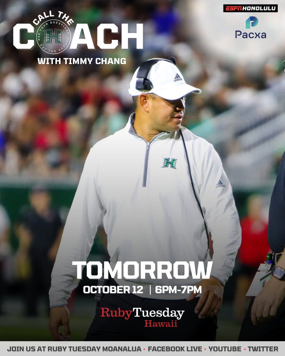 ESPNHonolulu's tweet photo. Get ready for another Call the Coach with Timmy Chang tomorrow at Ruby Tuesday in Moanalua Shopping Center! Wednesday, October 12 from 6pm-7pm. 

Mahalo to Pacxa for supporting this broadcast! 🤙

#callthecoach #timmychang #rubytuesday #hawaiifb #gobows #braddahhood https://t.co/hDj8JUlNav