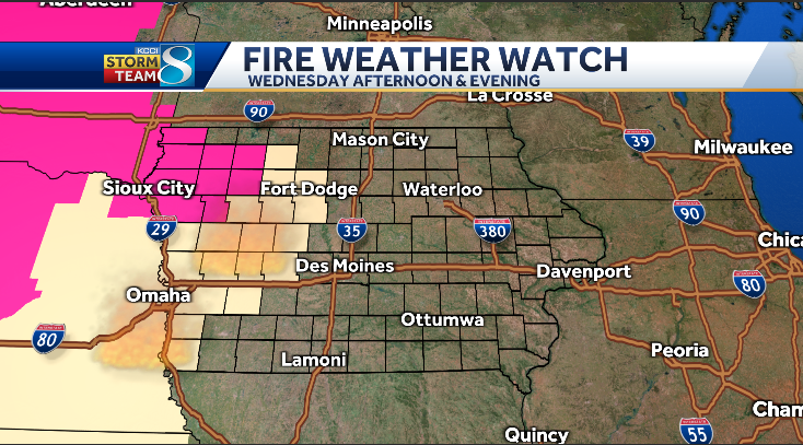 Fire Weather Watch: Wednesday afternoon/evening. Big concern for rapid fire growth. Be vigilant in the fields tomorrow, avoid burning brush and NEVER dispose of cigarettes out the window. #iawx