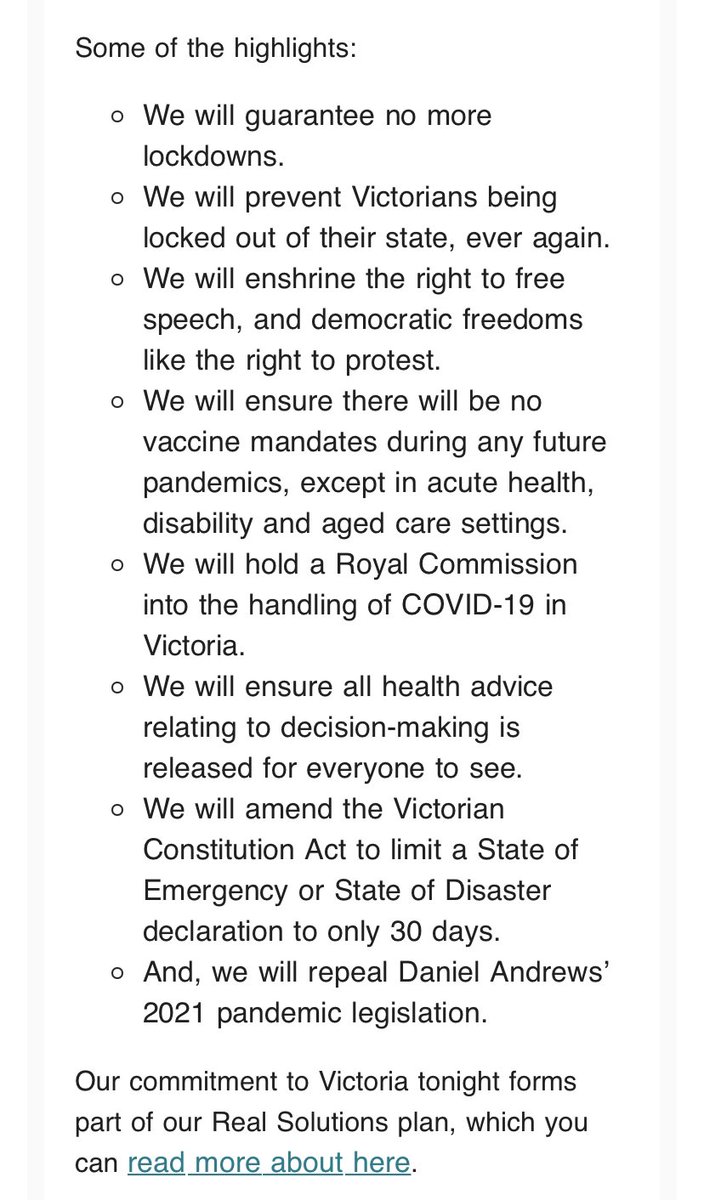 FarCanall's tweet photo. The MSM are hell-bent on not giving @MatthewGuyMP any air time, but he actually has been actively campaigning.  I recieved this email today with the latest election policies.  This is some of what we want! #Auspol #VicElection #LiberalPartyVIC #RememberInNov #SackDanAndrews https://t.co/sOqjBivTer