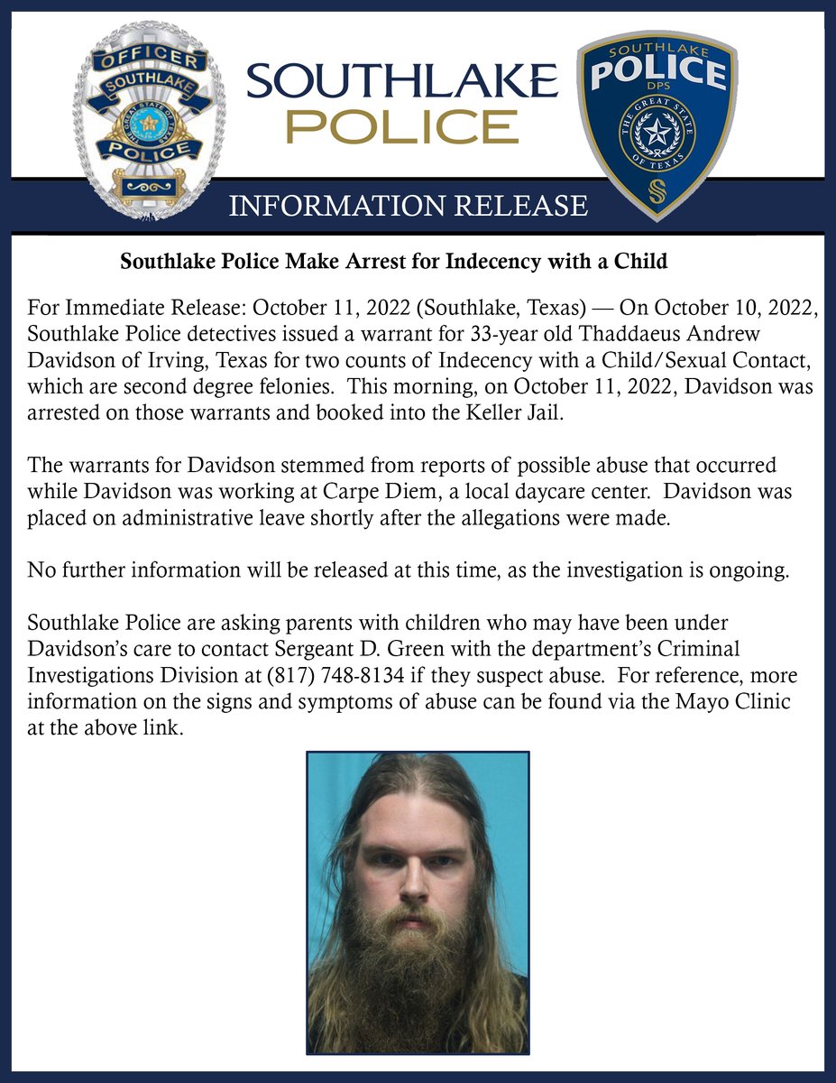 SouthlakeDPS's tweet photo. Please see the attached press release regarding an arrest made today for Indecency with a Child.

(Link mentioned in release:  https://t.co/7mbKejap2i ) https://t.co/u6wSYz8ECe