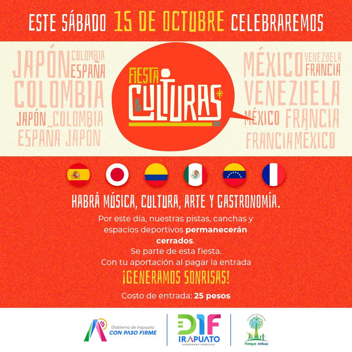LorenaAlfaroG's tweet photo. ¡La fiesta de las culturas está de vuelta! 🇯🇵🇻🇪🇪🇸🇨🇴🇫🇷🇲🇽

Disfruta de música en vivo, gastronomía y mucha cultura. Todo lo recaudado será para los programas prioritarios del @DIFIrapuato y quienes más lo necesitan.
Te esperamos este sábado 15 de octubre en el @parqueirekua. https://t.co/vZIBD79qvU