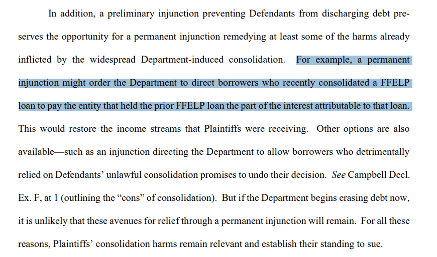 In court filing just now, GOP states challenging Biden debt relief float the possibility they would seek an order forcing Education Dept "to direct borrowers who recently consolidated a FFELP loan to pay" their old lender for lost interest:

storage.courtlistener.com/recap/gov.usco…