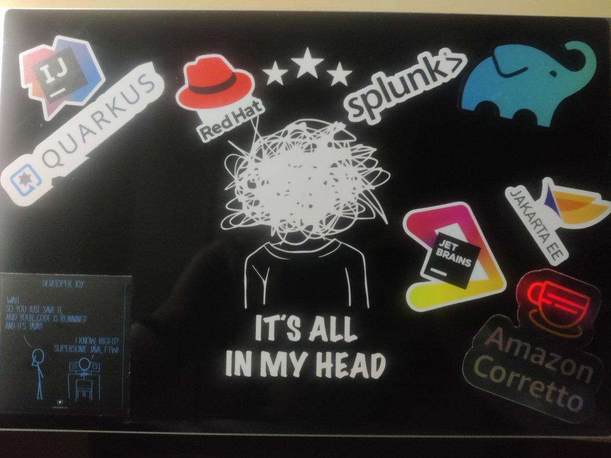 yoeri_smets's tweet photo. going to conferences means decorating your laptop #devoxx #itsallinmyhead https://t.co/YpxRSefyxR