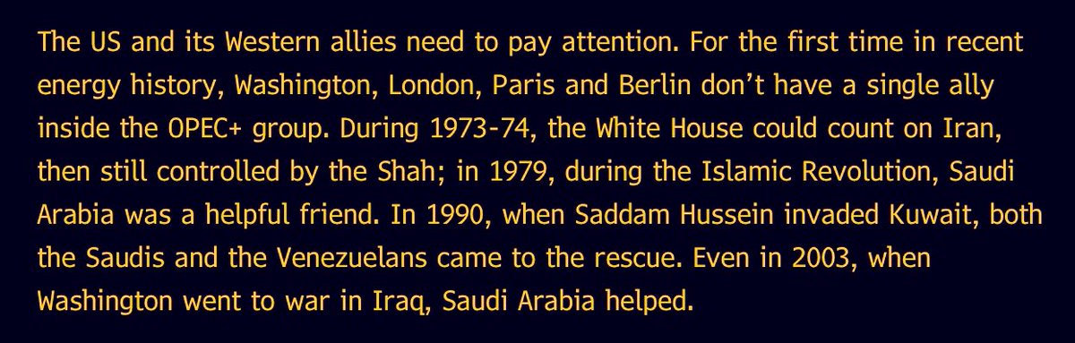 As Joe Biden mulls his response to Saudi Arabia, two reminders from my <a href="/opinion/">Bloomberg Opinion</a> column:

1) the world consumes ~100m b/d, and OPEC+ pumps >60% of them

2) for first time in recent history, the West doesn’t have an able-to-deliver friend inside the cartel

bloomberg.com/opinion/articl…