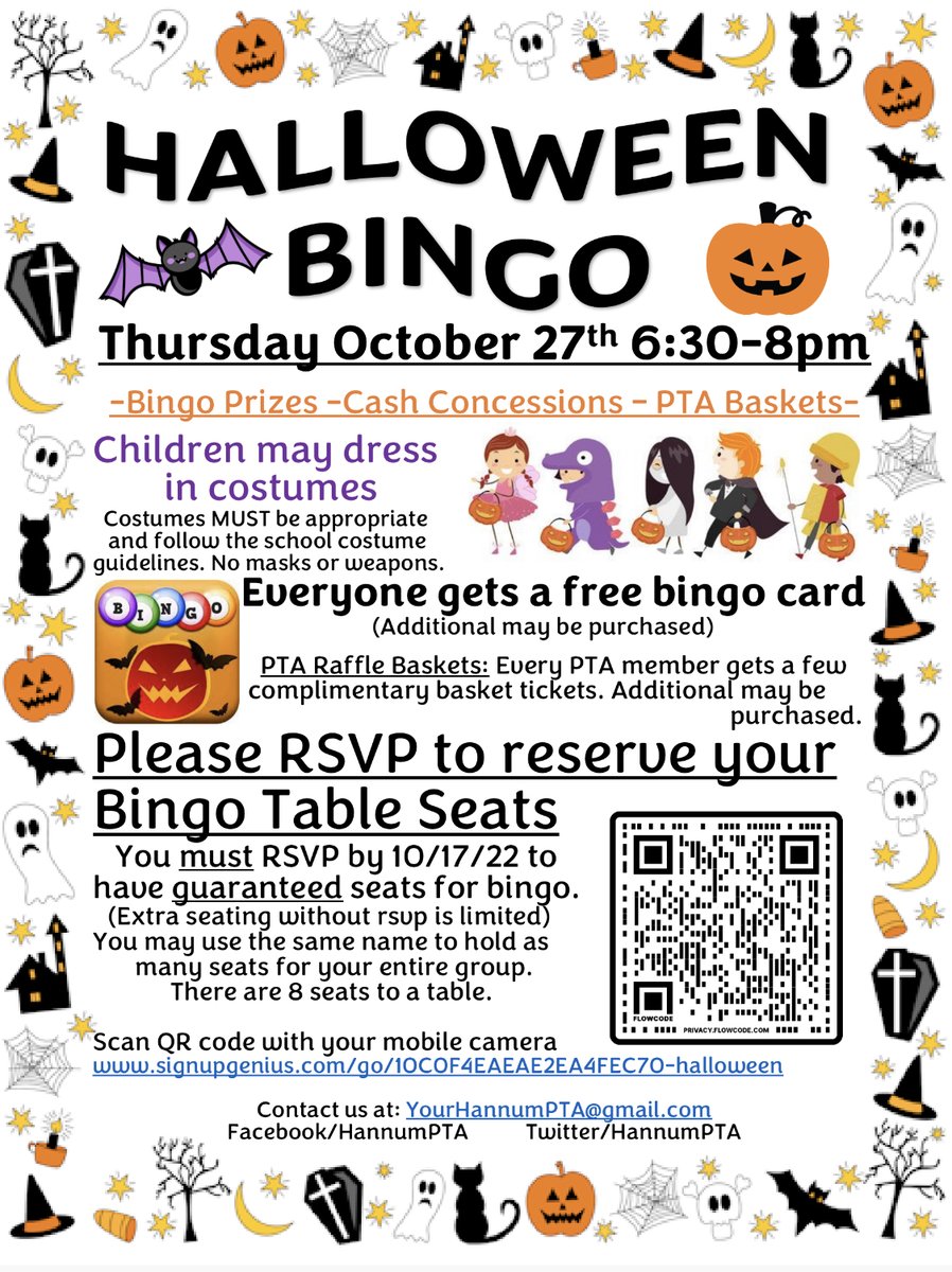 -PTA Meeting Tomorrow @ 6:30pm
-Today starts our Fall Fundraiser. Mrs. Fields cookie dough/Cheesecake Factory cheesecakes. Orders DUE by TUE OCTOBER 25TH. Orders can be done online at: onlineorders.mrsfieldsfundraising.com/jmhannumel2022… 
-Don't forget to register for your Halloween Bingo Table
