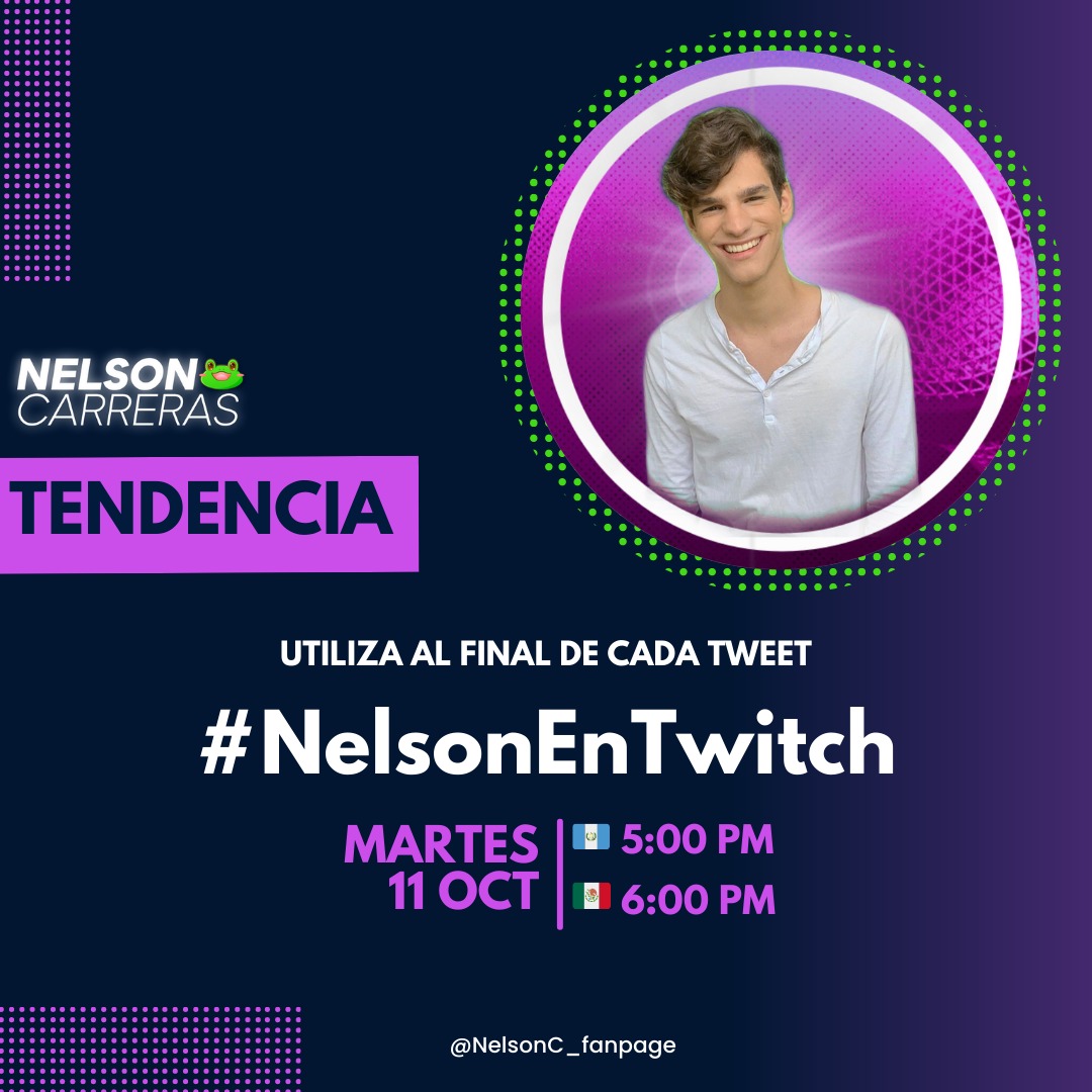 FAMILIA RANITA 🐸🚨
No se olvide que hoy tenemos un cita con nuestro <a href="/SoyNelsonC/">Nelson Carreras Oficial</a> en Twitch 🎮🃏 por lo que nos uniremos en tendencia con el hashtag #NelsonEnTwitch.

Horario de la tendencia:
5:00 PM 🇬🇹
6:00 PM 🇲🇽

¡Preparen todo que se nos viene una review de La Más Draga 5🌊!